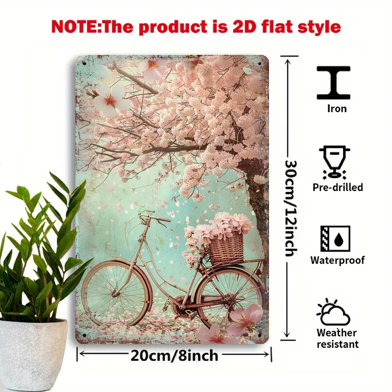 2D Flat - [2D Flat] Gentle Nostalgic Bicycle Retro Wall Decor - 2D Printed Metal Sign - 8X12 Inches Suitable for Decoration in L