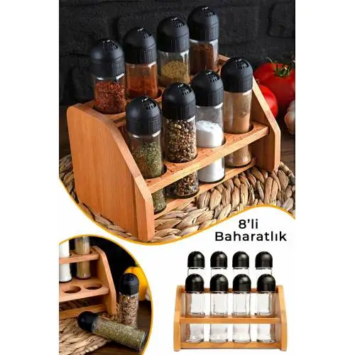 

Wooden Standing Glass Spice Jar With Black Lid Spice Set