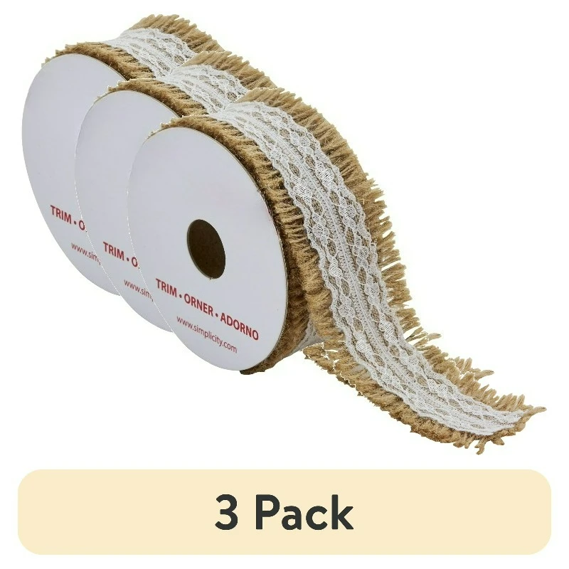 

(3 pack)Natural 1 1/2 inch Fray Jute with White Lace Center Trim Great for Apparel, Home Decorating, and Crafts, 3 Yards, 1 Each