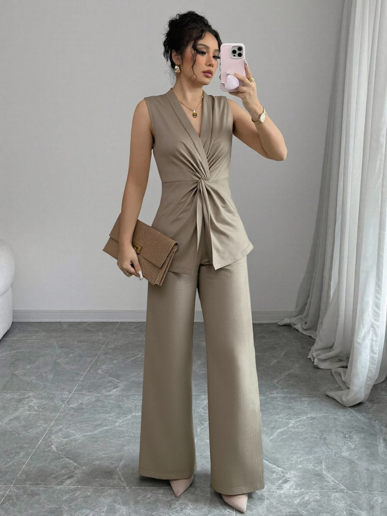 

2Pcs Elegant Office Lady Suit Fashion Sleeveless Waist Top Wide Leg Pants Set Summer Wide Leg Pants Suit Suitable For Commuting