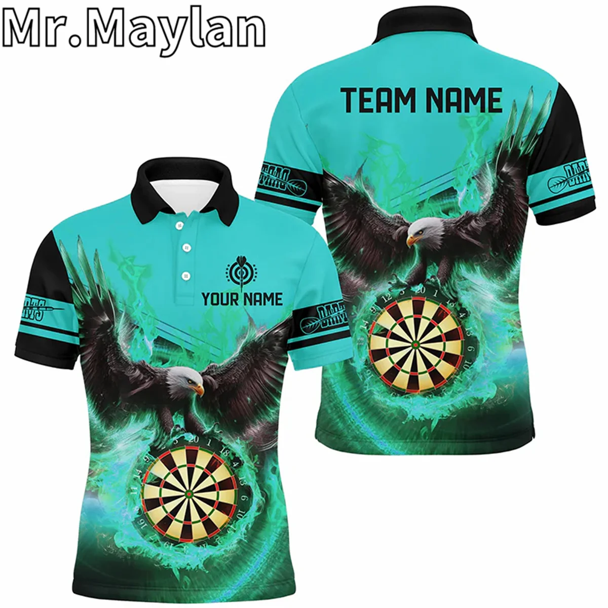 Personalized 3D Eagle Flying On Dart Board Fire Darts Turquoise Polo Shirts For Men Custom Darts Jersey Gifts For Darts Lovers