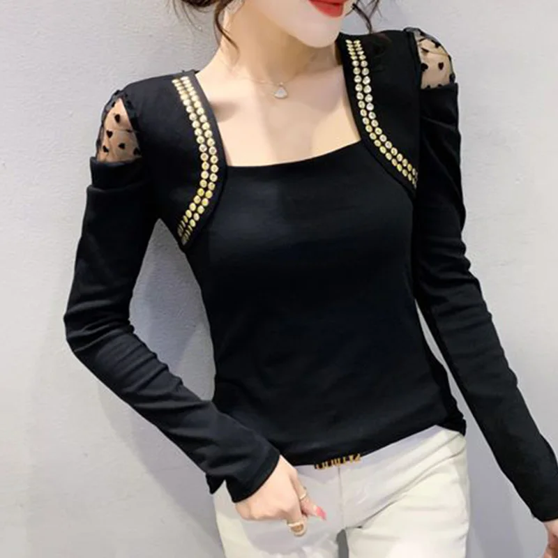 Autumn Fashion Patchwork Solid Color Square Collar T-Shirts Ladies All-match Long Sleeve Net Yarn Polka Dot Top Tee Women's