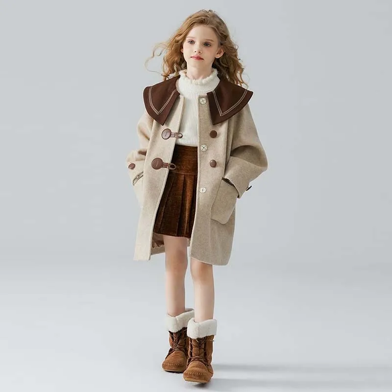 Chaqueta larga de lana gruesa para niña, abrigo coreano de 3 a 14 años, prendas de vestir exteriores completas, moda para niño, primavera y otoño, 2023