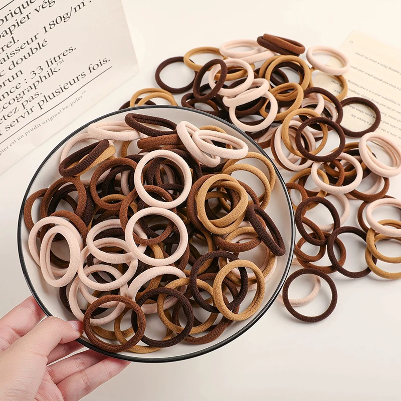 20/200pcs Girls 4.5cm Basic Nylon Hair Rope Rings Sweet Khaki Brown High Elastic Hairbands Ties Ponytail Holders Headbands