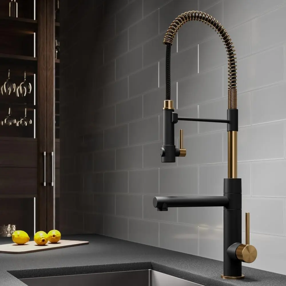 Commercial Style Pre-Rinse Single Handle Kitchen Faucet (No Pull Down) with Pot Filler in Brushed Gold/Matte Black