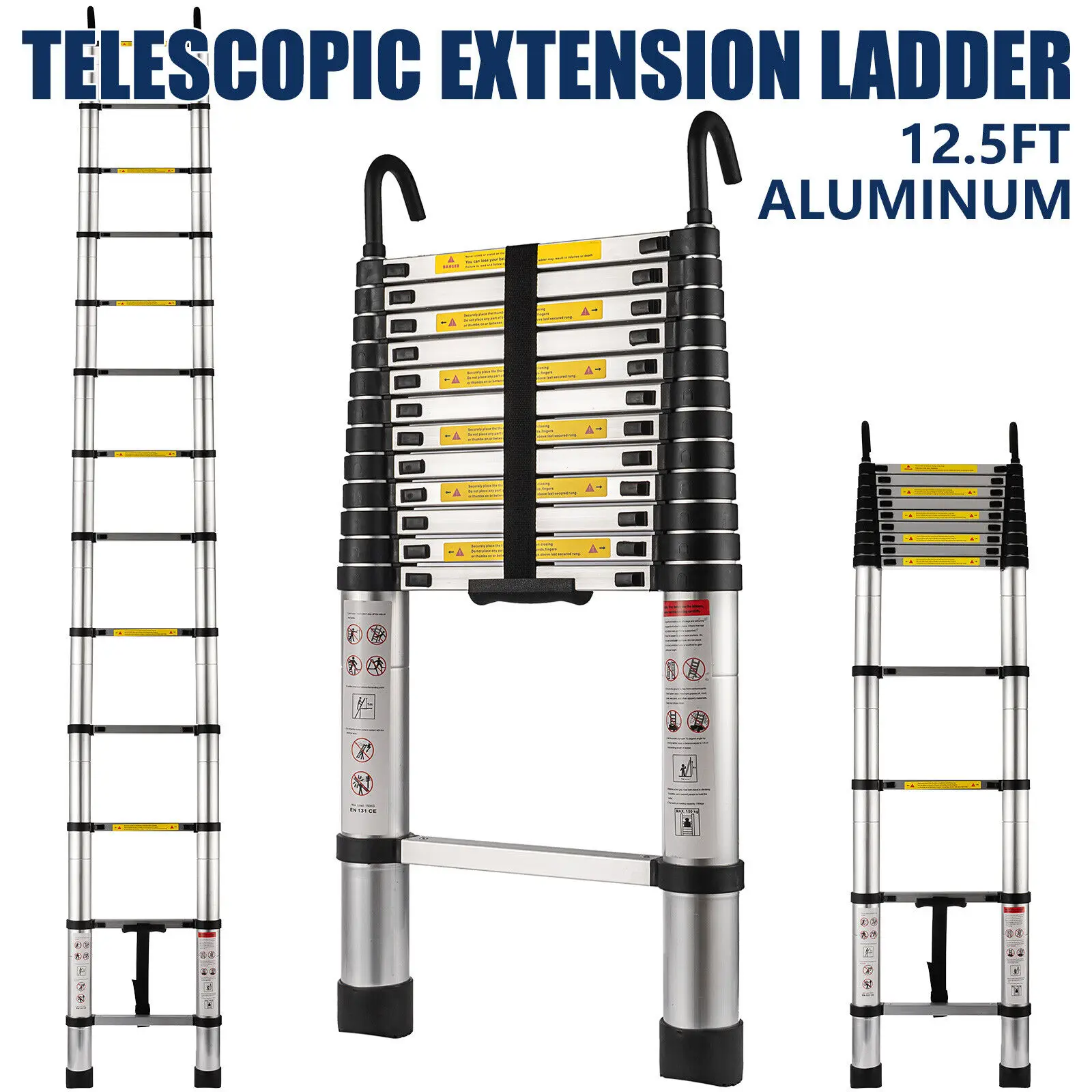 3.8/6.2M Telescoping Ladder Aluminum One-Button Retraction Collapsible Extension Telescopic Stairs Step Ladder W/Hooks for Home