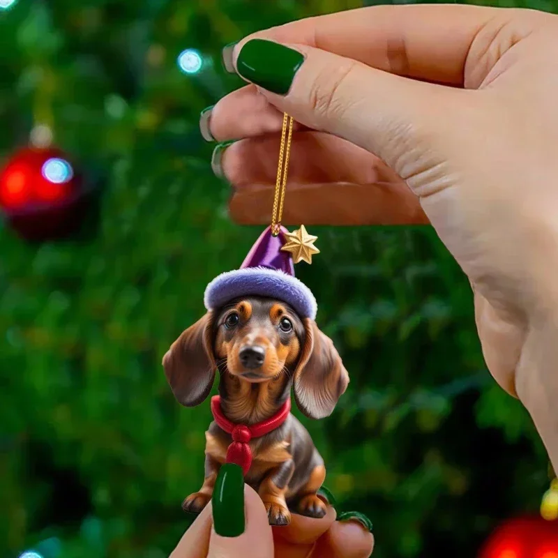 Cute Dog Christmas Tree Pendants 2D Acrylic Christmas Ornaments Hanging Decorations for Car Door Window Xmas Gifts New Year 2024