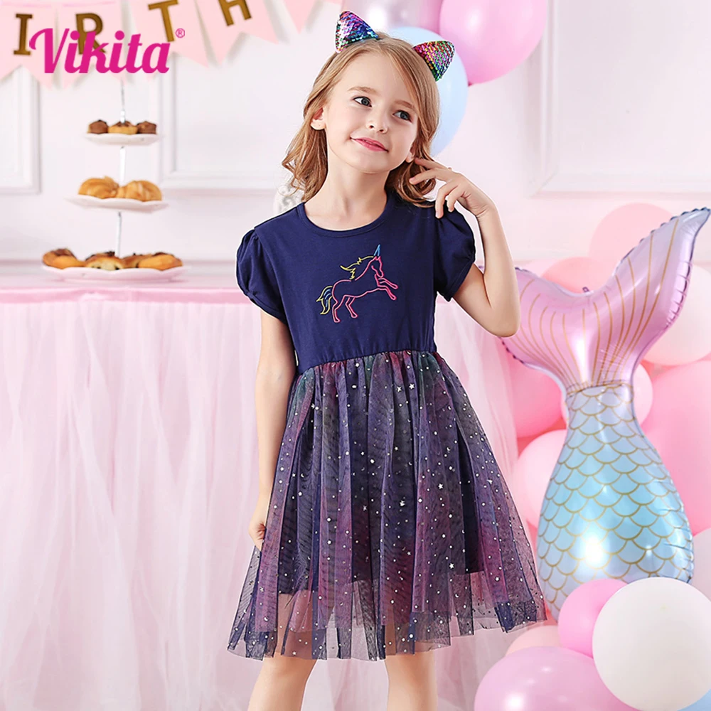 VIKITA Girls Short Sleeve Summer Dress Kids Licorne Cartoon Dress Girls Gradient Birthday Party Princess Mesh Tulle Dresses 3-8Y