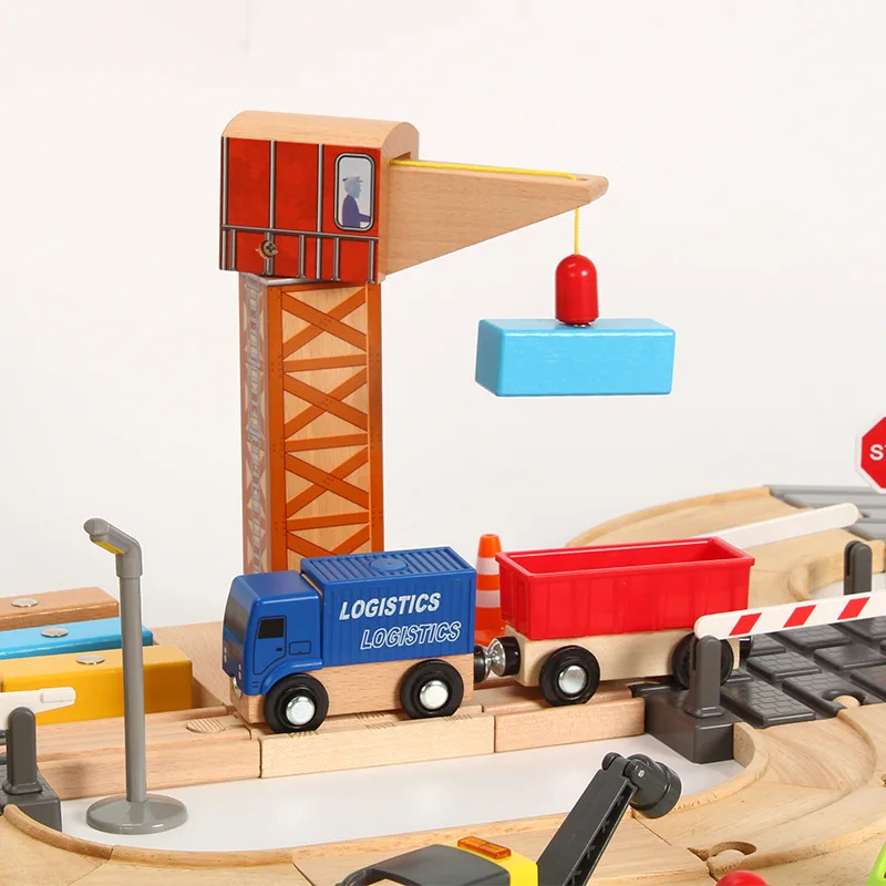 Wooden Train Track Set Crane Works Rescue Children Assemble Educational Toys For Boys And Girls Suitable For Wooden Rail Pd49