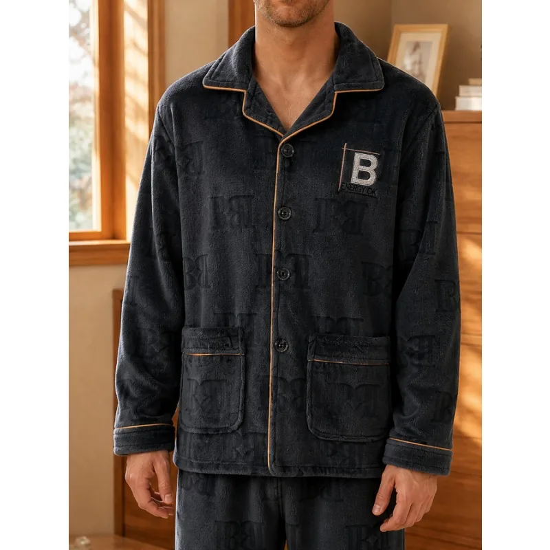 Men's Minimalist Thick Casual 2‑Piece Fleece Pajama Set for Autumn & Winter, Soft Warm Loungewear With Pockets, Cozy Home Outfit