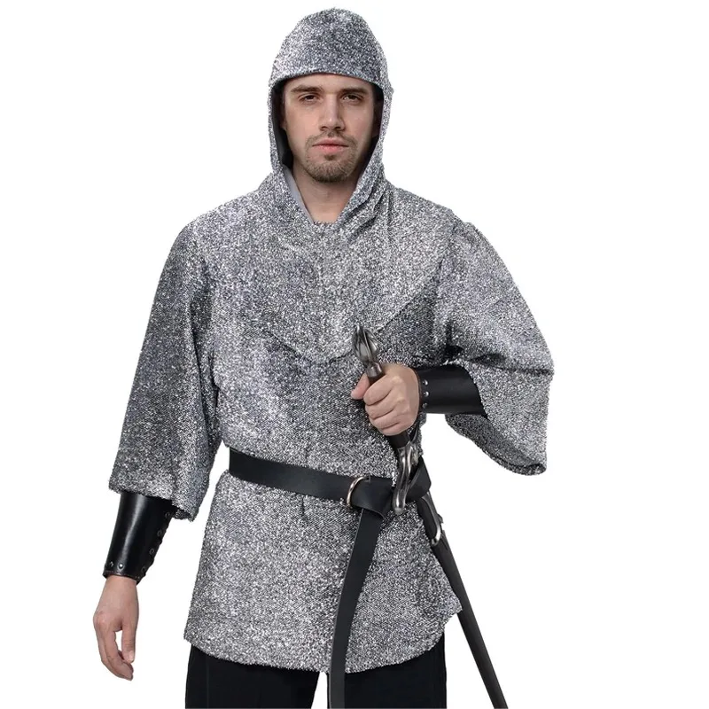 Renaissance Faux Chain Mail Armor Tunic Shirt Coif Medieval Knight Cowl Crusader Costume outfit Bracers Waist Belt Set