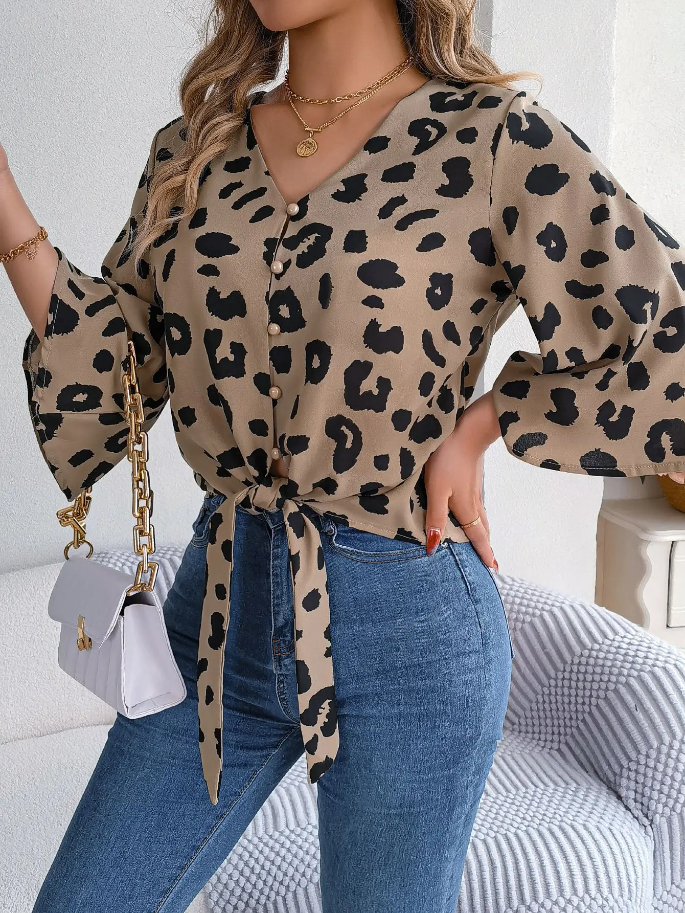 Spring Summer Casual Leopard Print Middle Sleeve Tie Bow Top Women Button Shirt