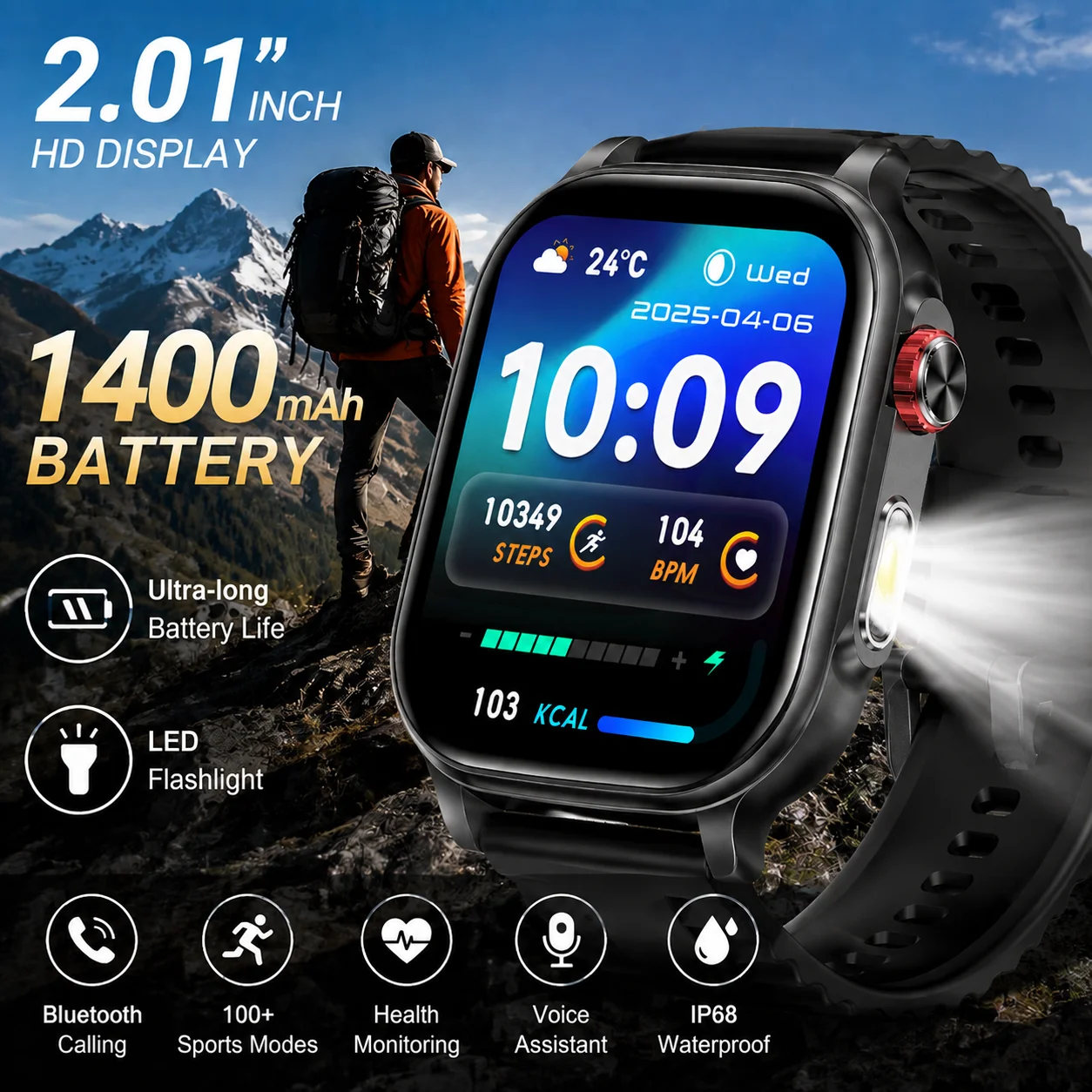 New 1400mAh Large Battery Smart Watch Men Outdoor 100+Sports Mode LED Flashlight IP68 Waterproof Bluetooth Call Women Smartwatch