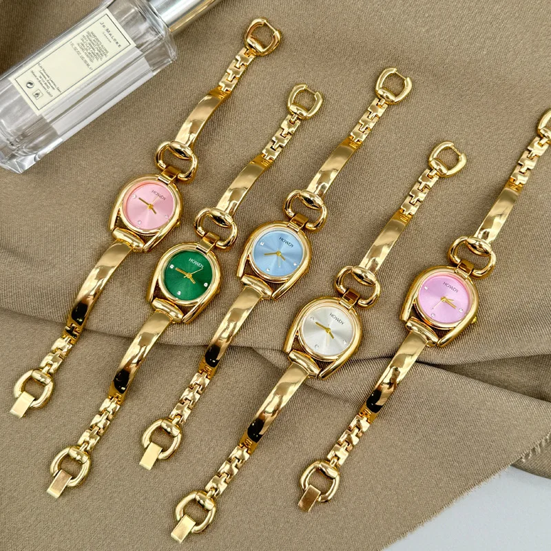 Gold Simple Geometric Quartz Watch For Women 1 Set Of Crystal Matching Watch Set Birthday Gift with Gift Box