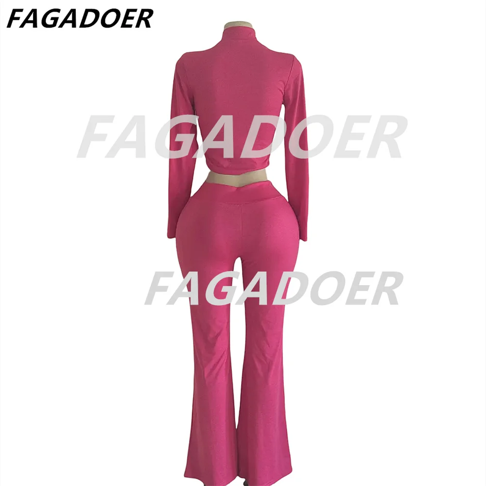 FAGADOER Autumn Winter 2 Piece Sets Women Outfit Solid Zip Crop Top And High Waist Stretchy Flare Pants Fashion Suits Streetwear