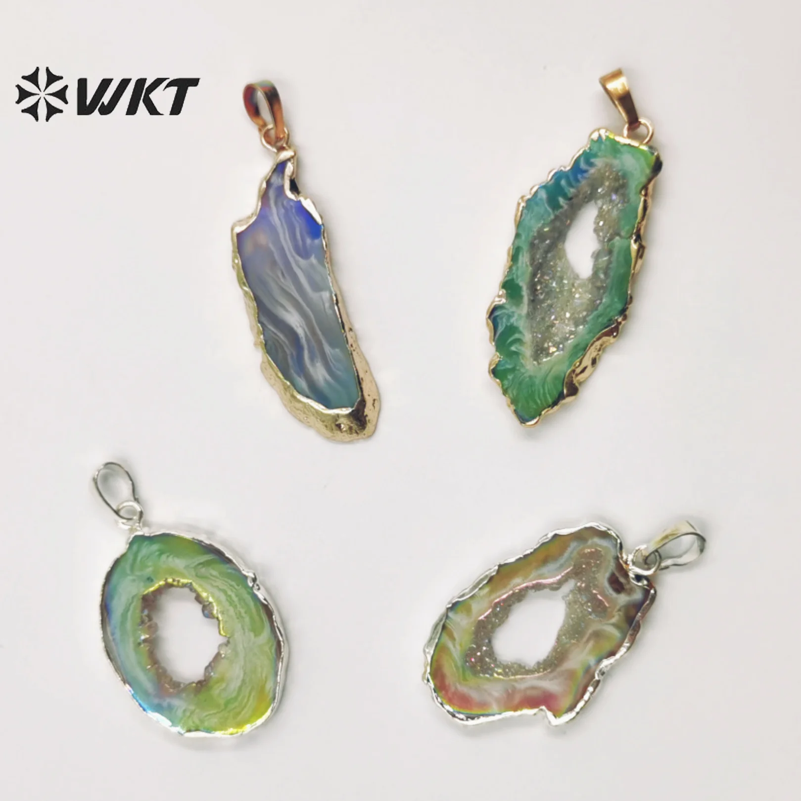 WT-P1814 Newest Natural Geode Agate Aura Pendant With Gold Edged Slice Angel Stone For Jewelry Necklace Handmade