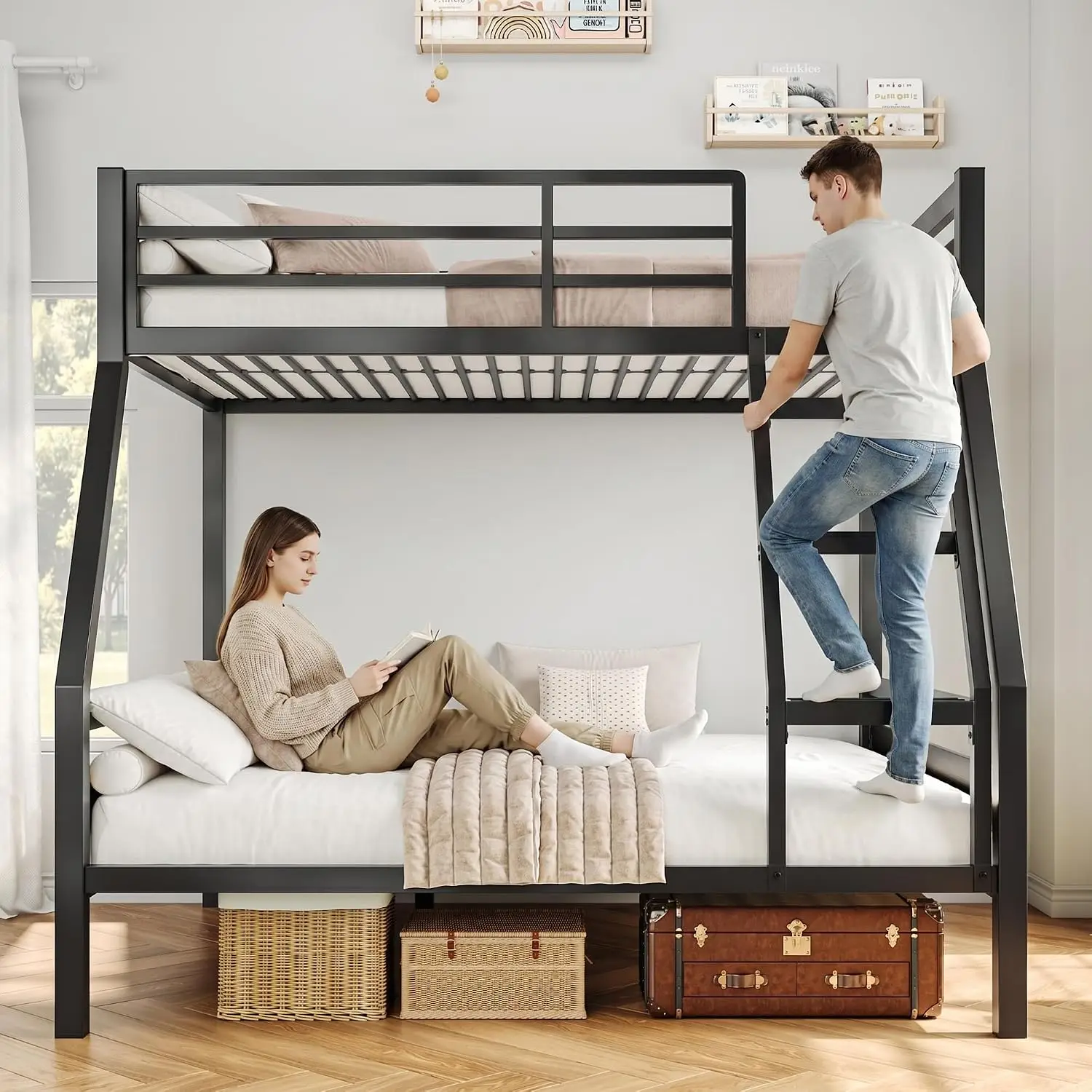 Metal Bunk Bed Twin Over Full, Heavy Duty Frame with Guardrail & Ladder, Under Storage, Easy Assembly, Black, Custom
