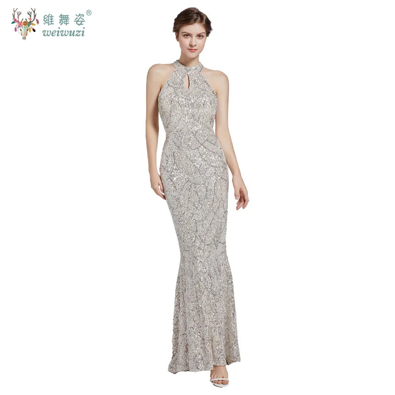 Nueva moda Sexy Retro elegante Halter vestido de noche largo mujeres adultas Vintage lentejuelas cola de pez vestido largo de lujo Bling hermoso