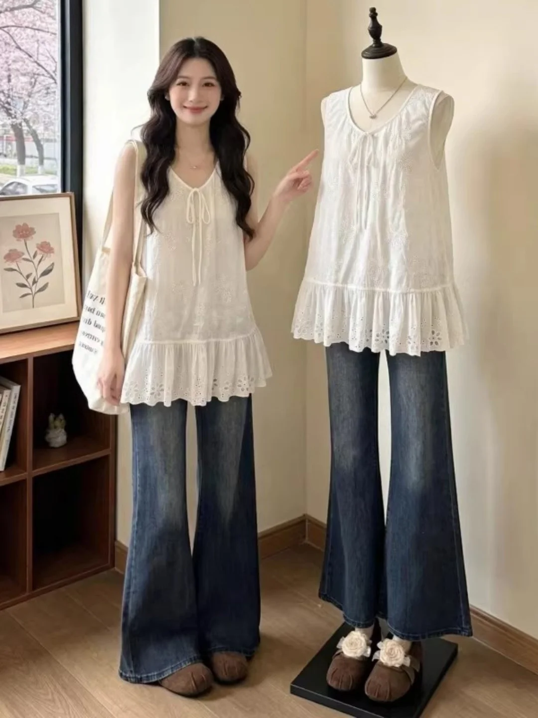 French Style Sleeveless Vest with Lace Hem 300 Pounds Belt Design Ageless Versatile Extra Large Size Top Women's T-shirt