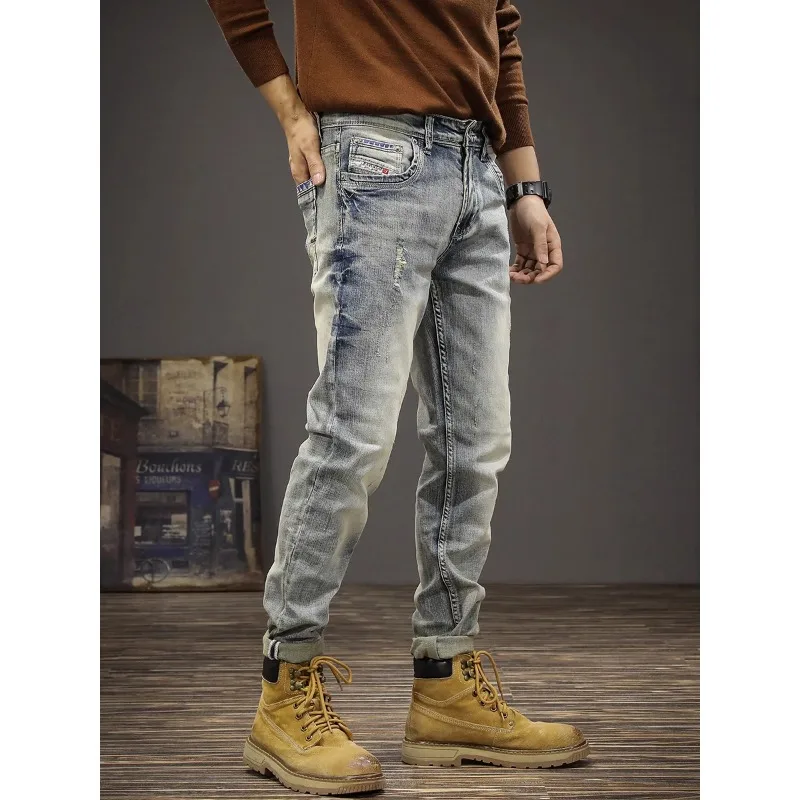 

Spring and autumn new American fashion brand wash vintage light color ripped jeans men slim straight tube to do old trend pants