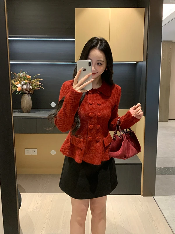 

Red Hot New Year Winter Doll Collar Double Button Knitted Sweater Women Slimming Versatile Knitwear Casual Hollow out Design