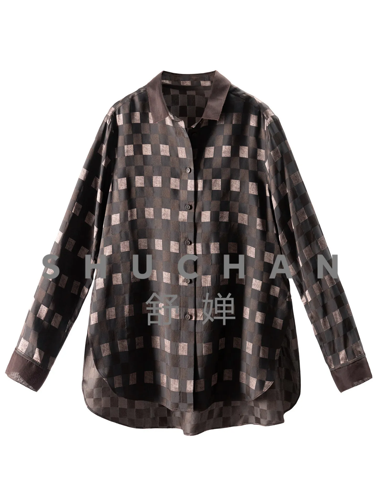 

Ретро и модная, роскошная рубашка с шелковым принтом в виде шахматной доски, свободного кроя, с драпировкой, женская, 22L5