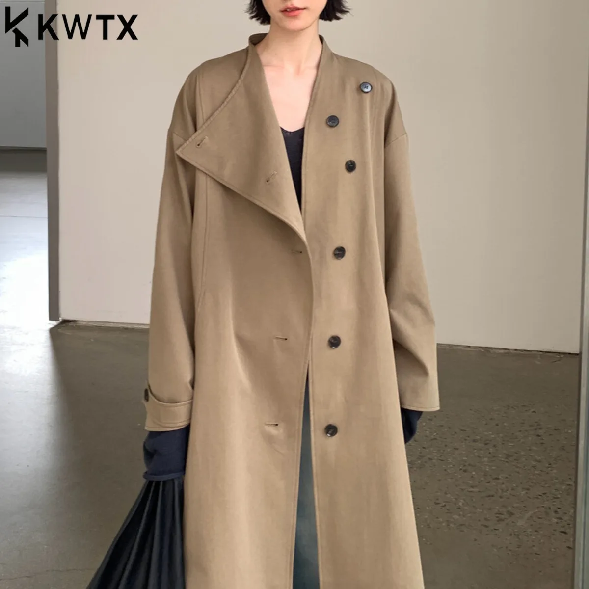 

KWTX 2025 элегантный плащ с асимметричными лацканами, женская мода с поясом на талии, облегающая офисная шикарная верхняя одежда, осенняя куртка