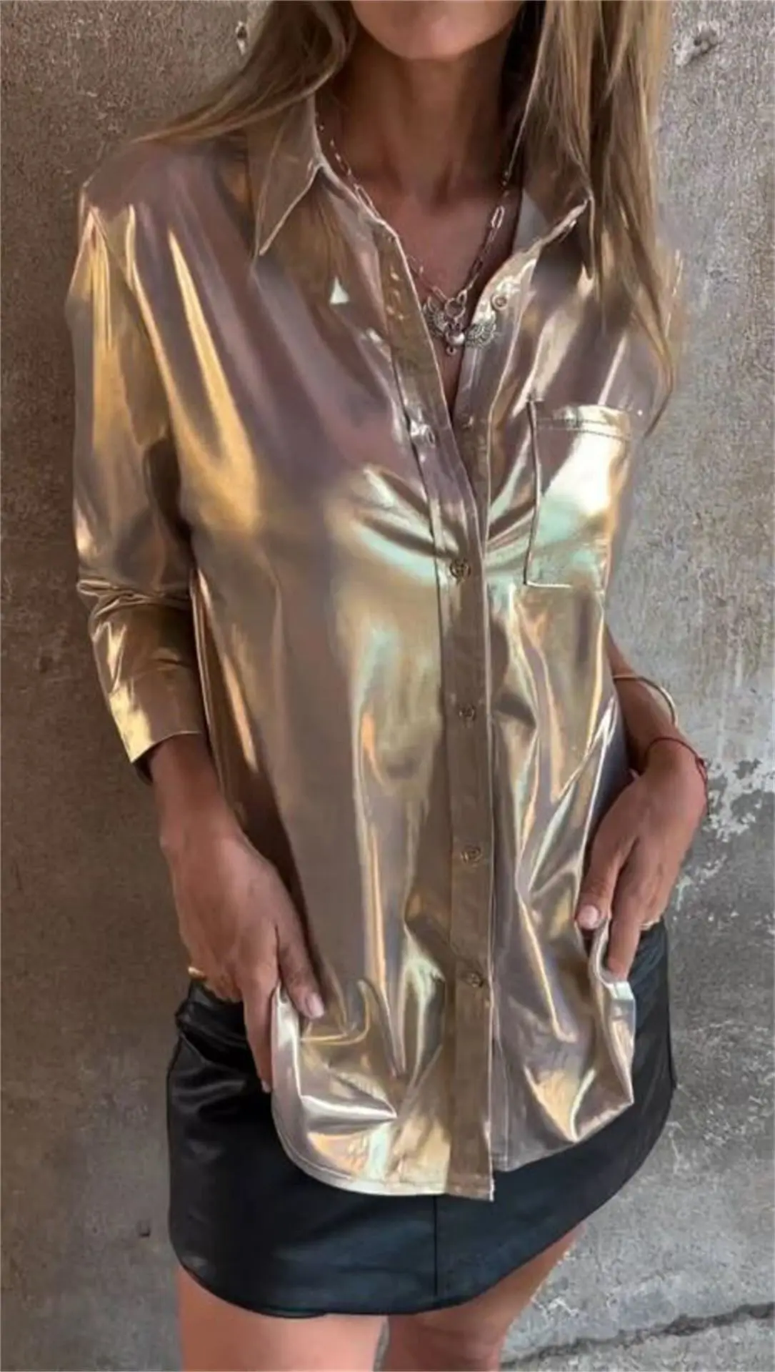 2024ฤดูใบไม้ร่วงผู้หญิงยอดนิยมกํามะหยี่หนังShimmerแฟชั่นTurn-Down Collarปุ่มเสื้อ