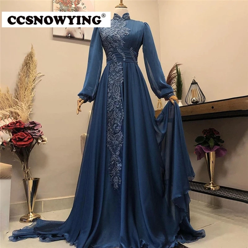 

Navy Full Sleeve Hijab Muslim Evening Dresses Chiffon Appliques Islamic Women Formal Party Gowns Arabic Kaftan Robes De Soirée