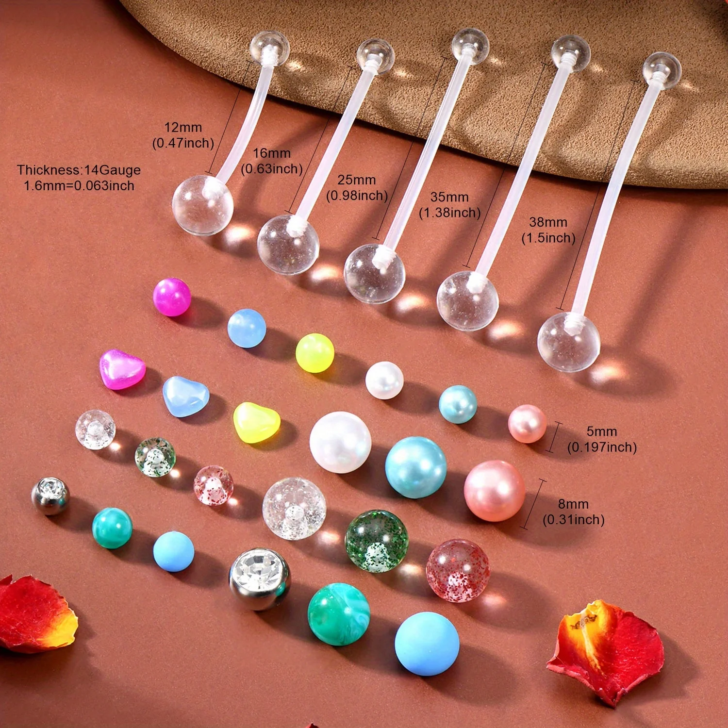 5pcs 14G Elegant Flexible Clear Plastic Pregnancy Belly Button Rings 12-38mm Long Bar Navel Rings with 12pcs Replacement Balls
