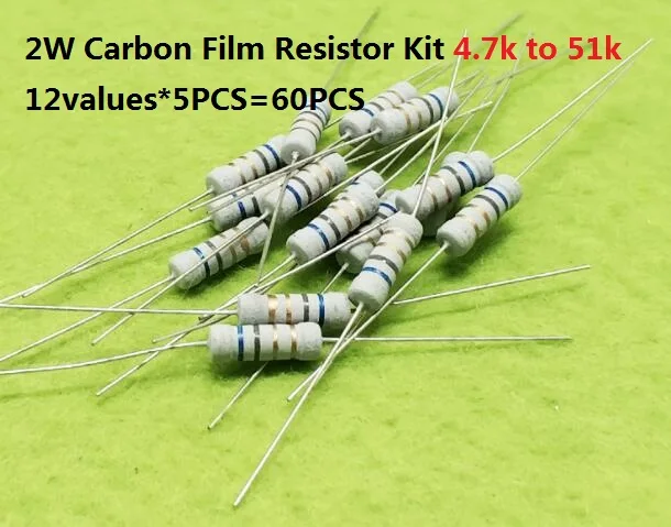 12values*5PCS=60PCS 4.7Kohm-51k Ohms 2W 5% Carbon Fillm Resistor Kit Set Assorted 5.1k 6.8k 8.2k 10k 15k 20k 27k 30k 33k 47k 51k