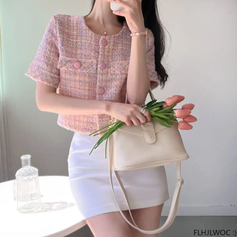 Chic Korea Short Crop Coats New Design Women Japan Girls Office Lady Pink Button Short Sleeve Jackets