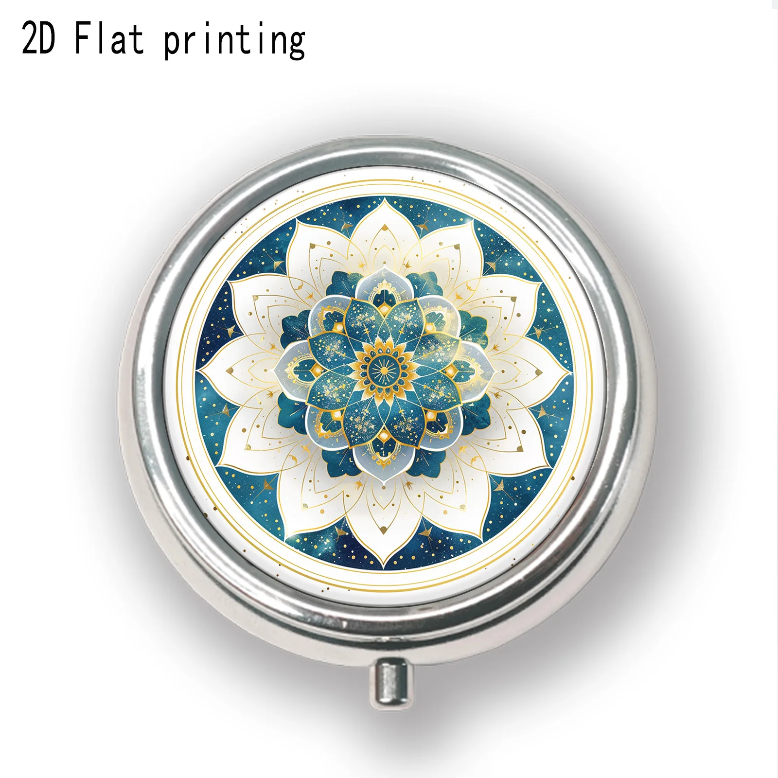 Single piece, flat-printed with a golden mandala pattern, in a light luxury artistic style, round multi-compartment portable box, sealed and moisture-proof, used for storing vitamins and pills, exotic and distinctive, suitable for commuting and as a gift