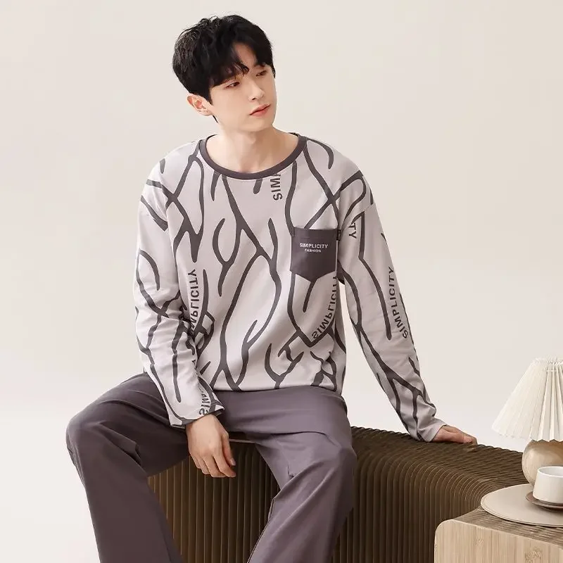 Spring and Autumn Teenager All Cotton Plus Size Loose  Top Grade A Loungewear Set Pajamas Pure Cotton Pajamas Male Long Sleeve