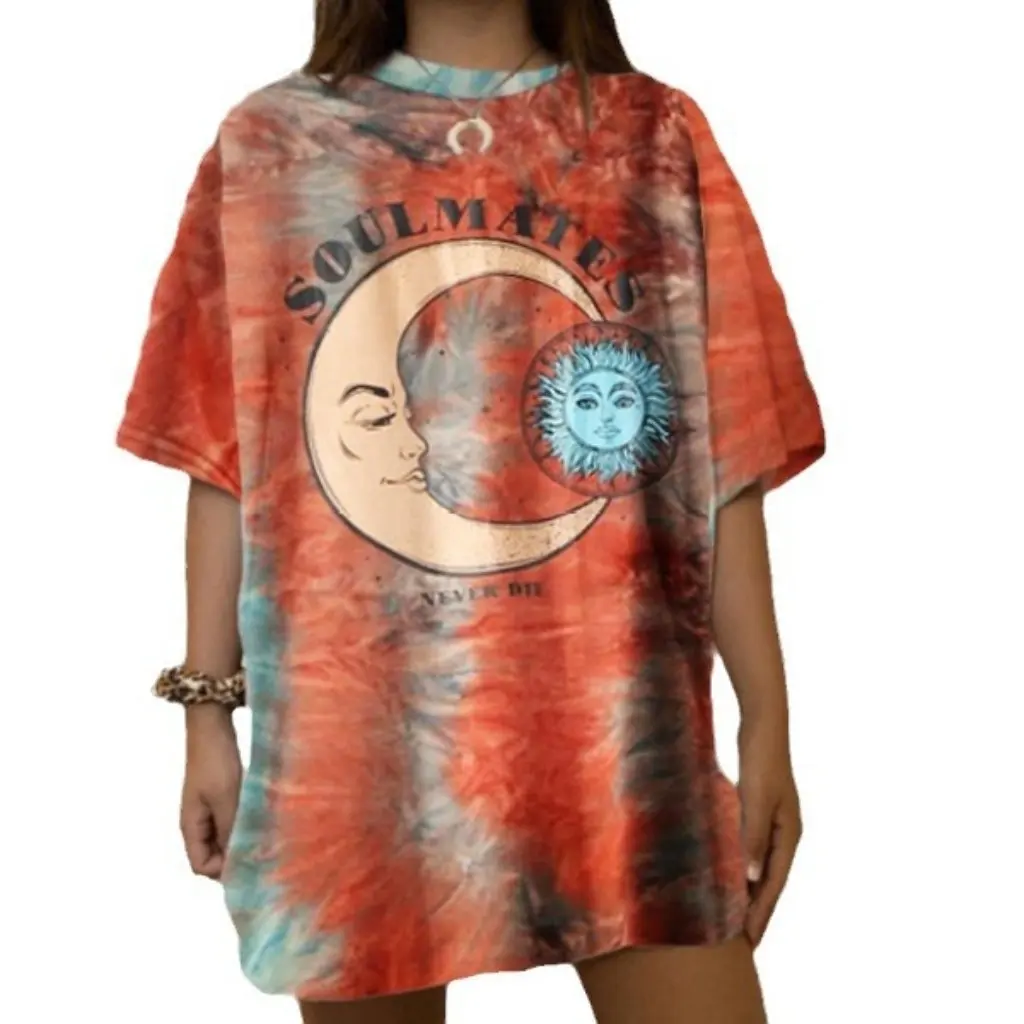 

Женская футболка с красочным принтом в стиле ретро и луны, модная новая серия в европейском и американском стиле на независимом месте