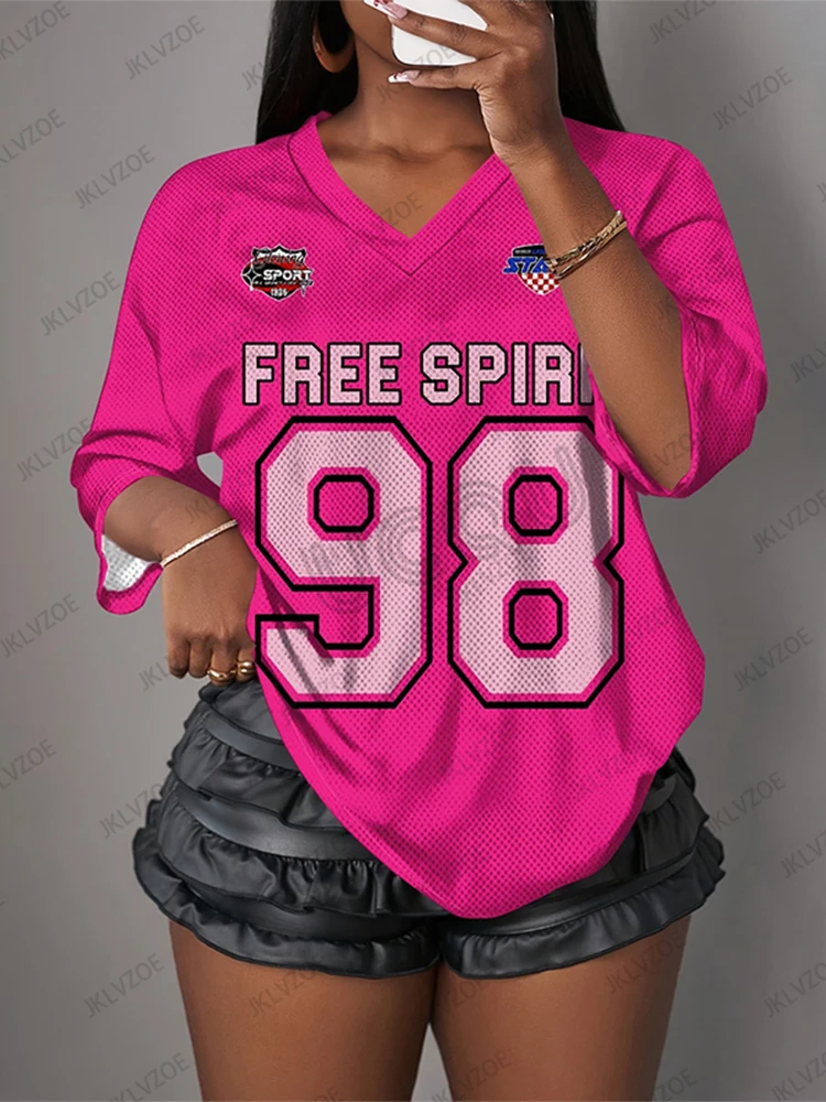 Summer New Pink Free Spirit 98 Print T-Shirt For Women V-Neck Mesh Short Sleeve Sports Football Jersey Y2K Loose Oversized Tops
