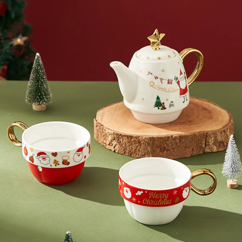 Christmas Teapot Mug Gift Decoration Set Drinkware Party Decoration Coffee Cup with Lid Cartoon Cute Ceramic Mug Tea Cup