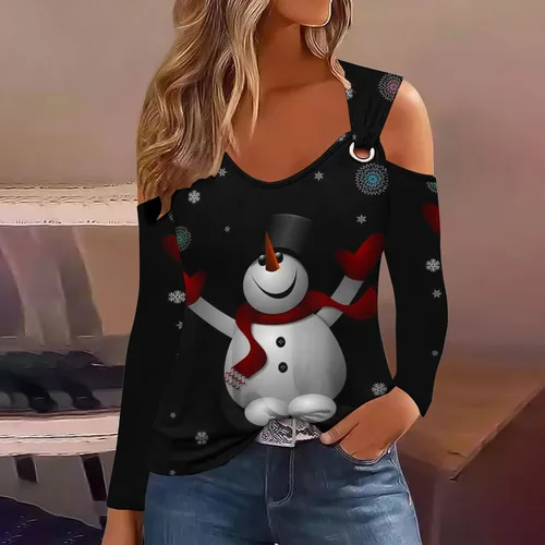 Imagen 2 del producto Camiseta de manga larga con hombros descubiertos para mujer, camisa Sexy con estampado de árbol de Navidad y muñeco de nieve, Tops informales, 2024