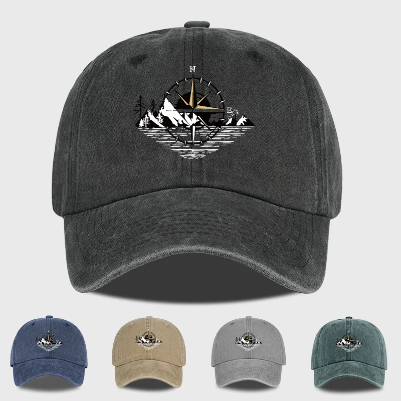 Compass Mountain Print Washed Baseball Cap Adjustable Unisex Vintage Outdoor Hiking Sun Hat