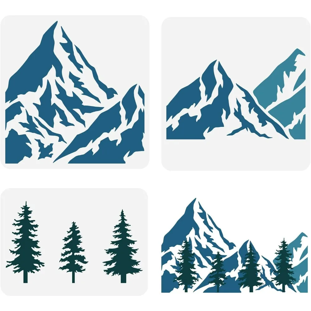 3PCS Mountain and Tree 3 Styles 2 Size Hollow Out Mountain Range Stencil Reusable Valley Stencil Pine Trees Craft Stencil