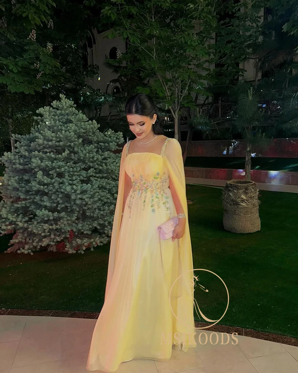 Msikoods amarelo vestidos de noite 2025 miçangas lantejoulas vestido de baile com capa vestido de festa feminino vestido de ocasião formal personalizado