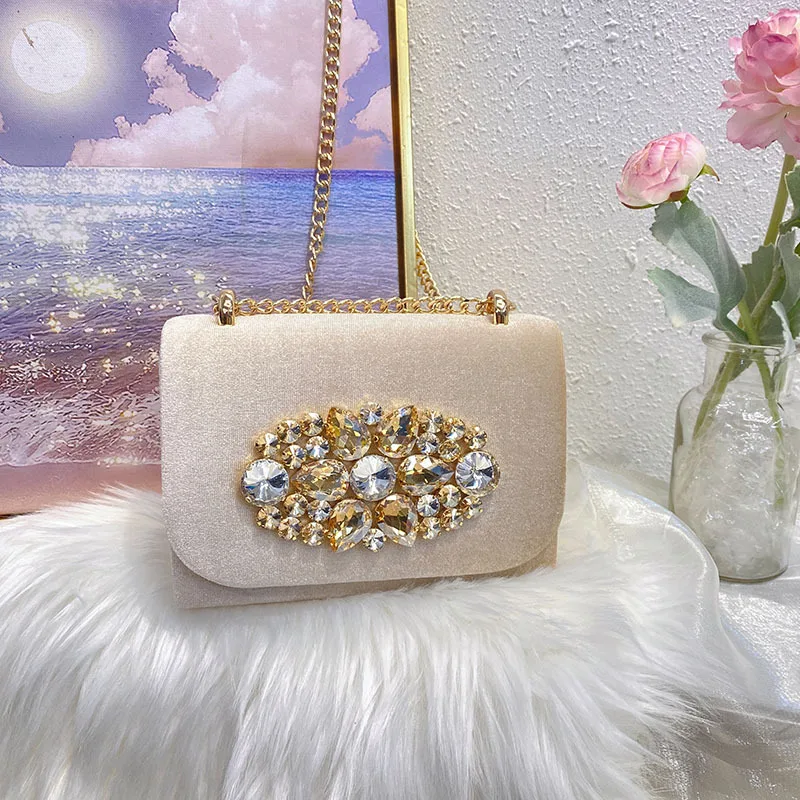 Xiaoxiangfeng Premium Shiny Rhinestone Dinner Bag Suede Chain Light Luxury Change Lipstick Shoulder Messenger Bag