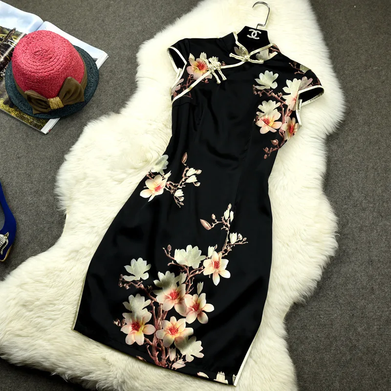 

Silk Spring Summer New Sle Young Girl's Faion Retro Reformed ort Dr Low Slit ort Sve Floral Pattern