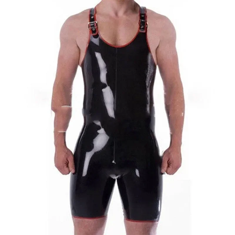 Handmade Latex Jumpsuit Rubber Gummi Skinny Sling Sleeveless Fitness Set Black with Red XXS-XXL for Men Wear