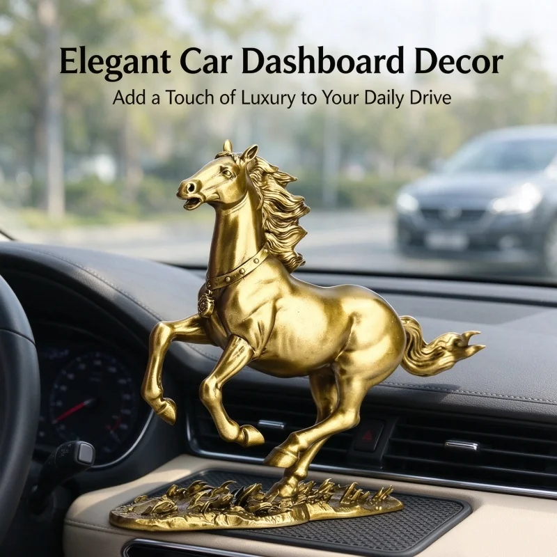 Brass Galloping Horse Statue Metal Steed Figurine Car Dashboard Ornament Desktop Home Office Decor Craft Gift For Horse Lover