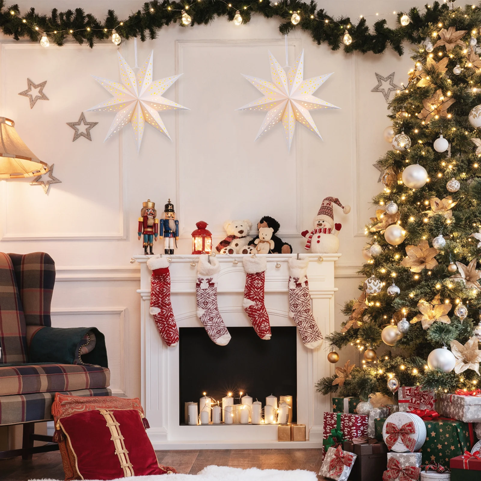 

Stylish 3pcs Christmas Lamp Shades Paper Star Pendants Decorative Hanging Lantern Covers for Holiday Room Decoration