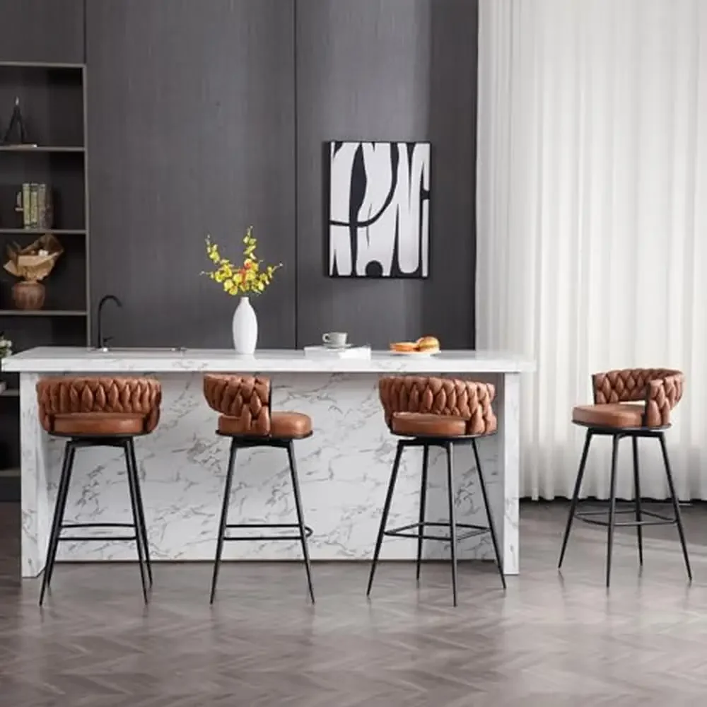 Modern Swivel Bar Stools Set of 4 with Woven Backrest and Footrest 30