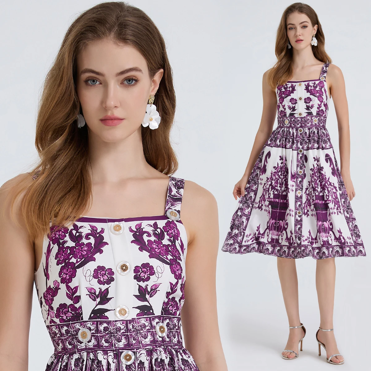 

Fashion positioning printed camisole dress high waist slim fit nail buckle A-line skirt