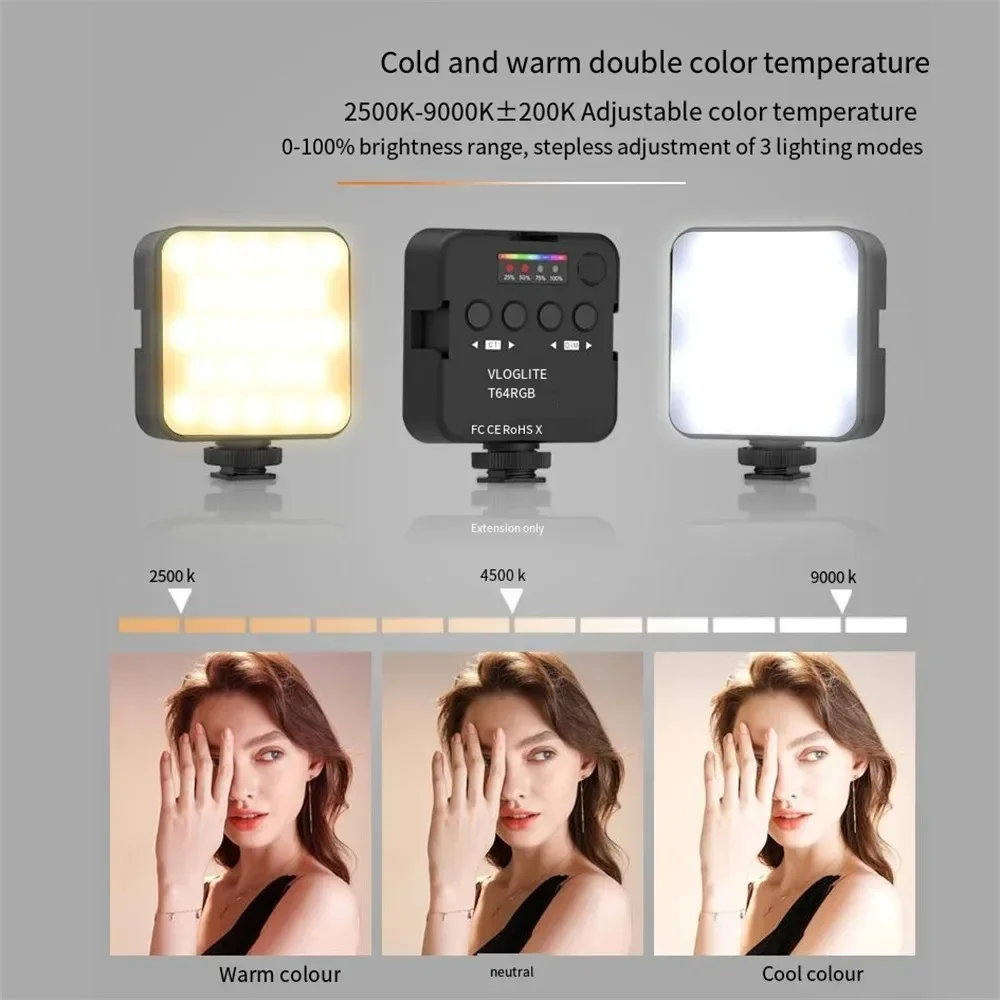 T64 RGB LED Photographic Lighting 2500-9000K Fill Lamp for Smarthphone Camera Gopro Tiktok Video Photo Shooting Small Light Kit