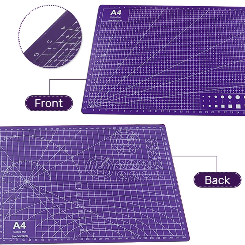 Purple DIY handmade patchwork mat set, A4 art cutting mat, 1.2mm thick, comes with 5 non-slip carving knives and spare blades, 15cm steel ruler, suitable for paper trimming and holiday card making.